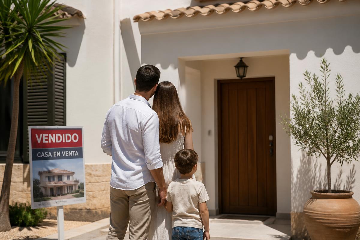 Asesor entregando las llaves de una vivienda a una familia