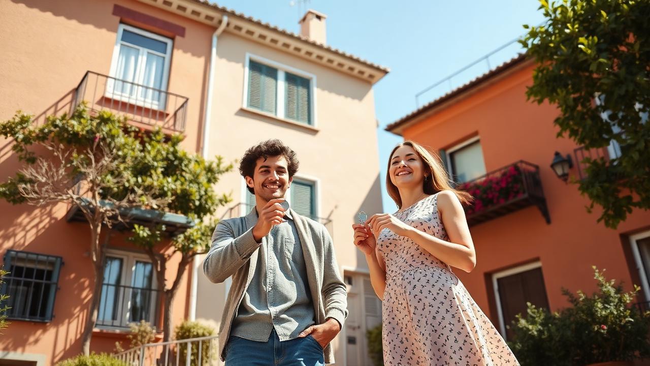 Pareja joven frente a su primera vivienda
